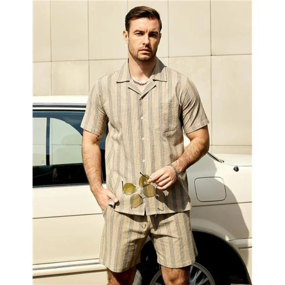 Men's Casual 2 Piece Outfits Short Sleeve Button Down Summer Set - Picture 2 of 7